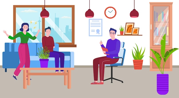 Therapy for couple psychologist office vector illustration man woman character with problem therapis...