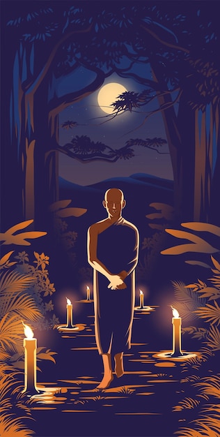 A Theravada monk is practicing meditation in movement method in the forest at night to get rid of the passion of fear in his mind