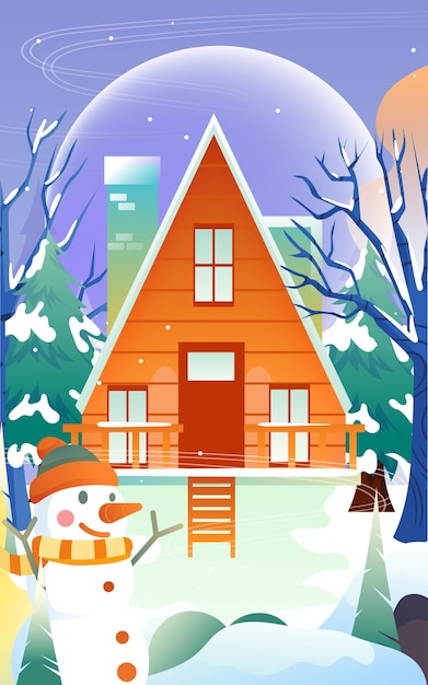 There are houses in the snow in the forest with pine trees and snowy mountains in the background