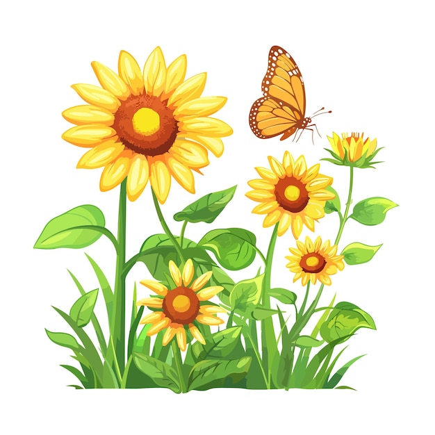 There are many yellow sunflowers and butterflies