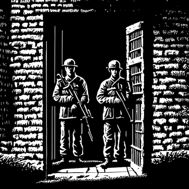 there are two soldiers with guns standing guard at the door of a red brick house in the