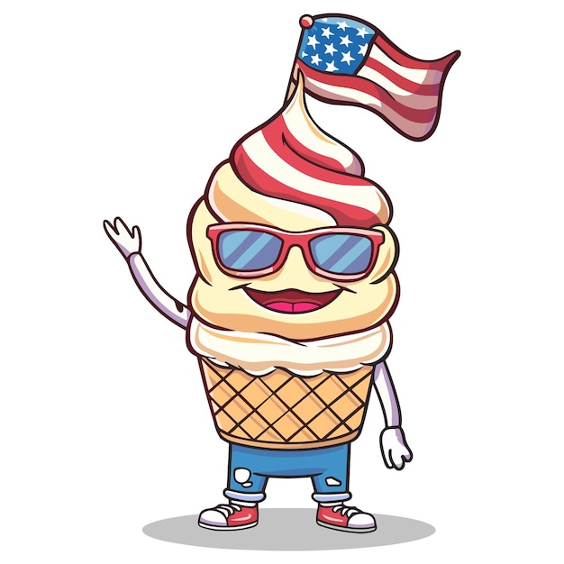 There is a watercolor painting of a patriotic ice cream cone vectror with patriotic decorations