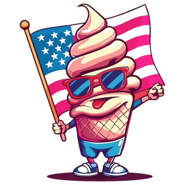 There is a watercolor painting of a patriotic ice cream cone vectror with patriotic decorations