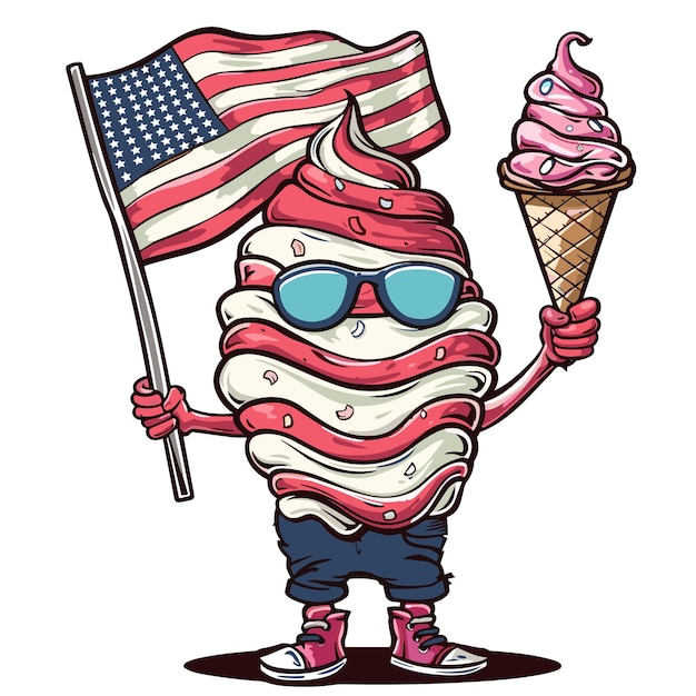 There is a watercolor painting of a patriotic ice cream cone vectror with patriotic decorations