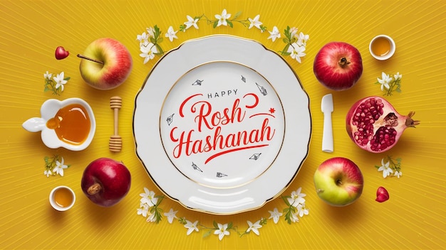 there is a white plate with a gold rim featuring the text Happy Rosh Hashanah