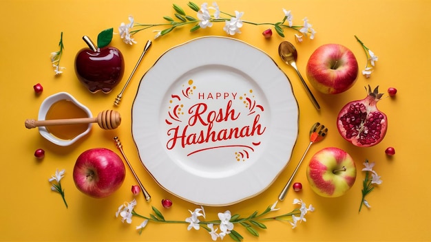 there is a white plate with a gold rim featuring the text Happy Rosh Hashanah