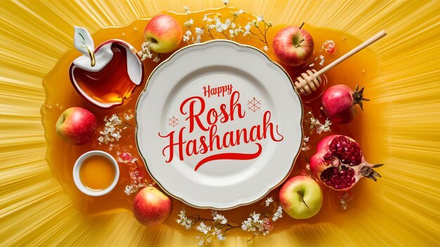 there is a white plate with a gold rim featuring the text Happy Rosh Hashanah