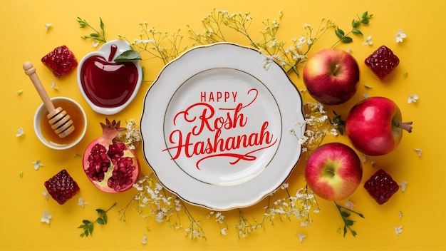 there is a white plate with a gold rim featuring the text Happy Rosh Hashanah