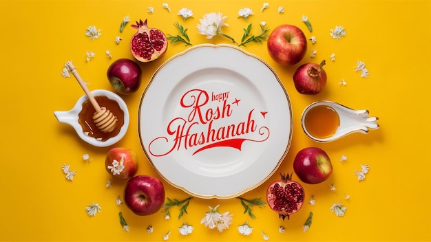 there is a white plate with a gold rim featuring the text Happy Rosh Hashanah