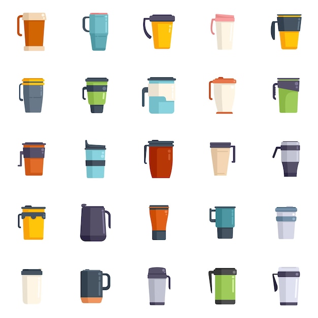 Thermo cup icons set flat vector Coffee cup