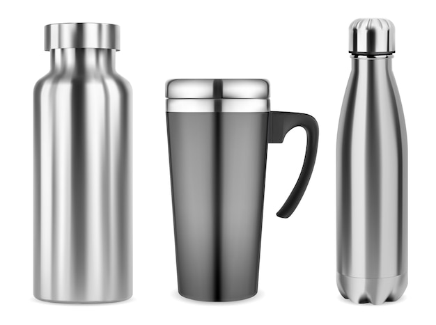 Thermo cup travel coffee mug set isolated vector mockup