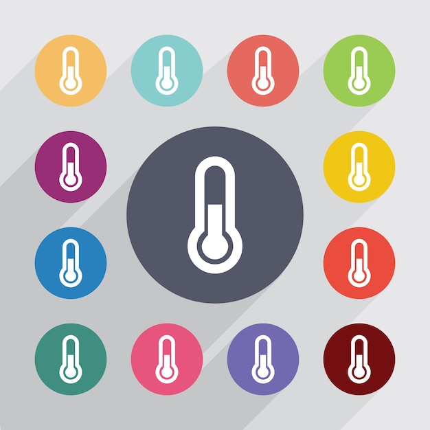 Thermometer, flat icons set. Round colourful buttons. Vector