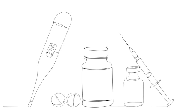 Thermometer medication syringe sketch one line drawing vector