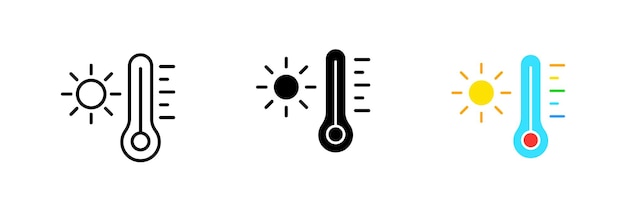 Thermometer and sun Summer heat warming Celsius Kelvin Fahrenheit Vector set icon in line black and colorful styles isolated on white background