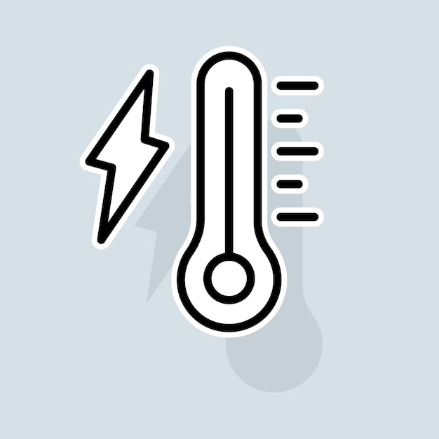 Thermometer with lightning line icon Home celsius low high temperature thermostat fahrenheit degrees Celsius Weather concept Vector sticker line icon on white background