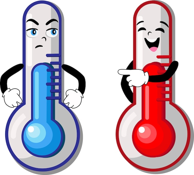 Thermometers with faces and hands. Two funny characters. They express emotions. Colored on a white background.