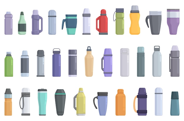 Thermos icons set cartoon vector Water steel Bottle vacuum