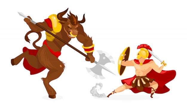 Theseus and Minotaur   illustration. Greek mythology. Ancient story and legend. Hero fighting mythological creature. Warrior with sword  cartoon character on white background