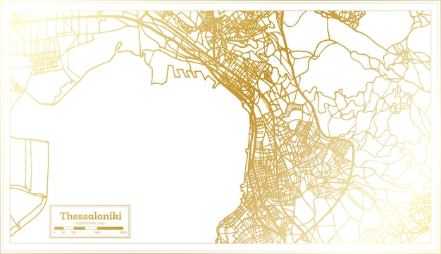 Thessaloniki Greece City Map in Retro Style in Golden Color Outline Map