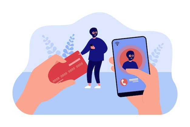 Thief in mask stealing money from credit card. Hand making video call to robber via mobile phone flat vector illustration. Online theft, fraud concept for banner, website design or landing web page