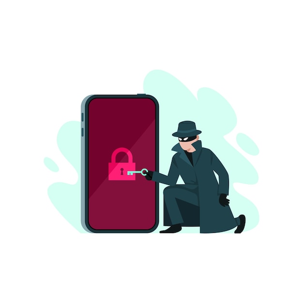 Thief try to unlock smartphone for stealing confidential data, hacker and cyber crime concept, vector illustration