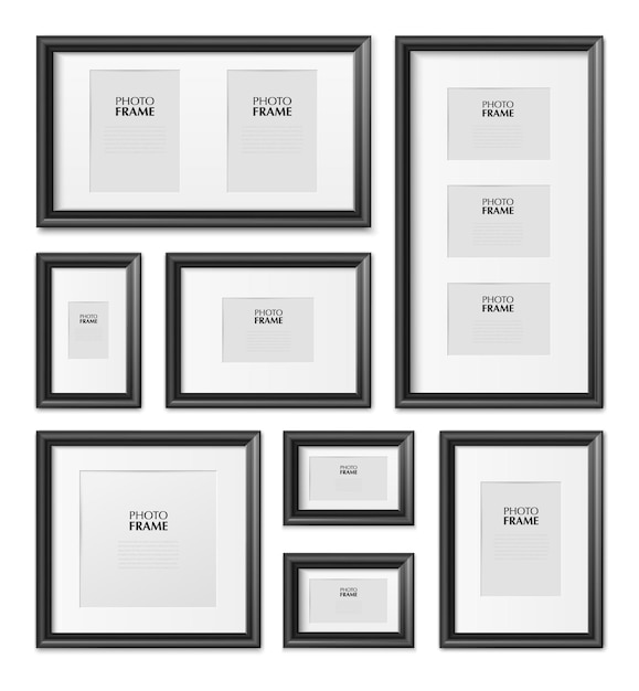 Thin black rectangular picture frames different sizes from wood metal plastic realistic mockup set 