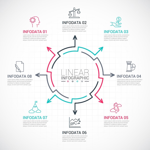 Thin line flat arrows for infographic Cycle diagram with 8 options parts steps or processes