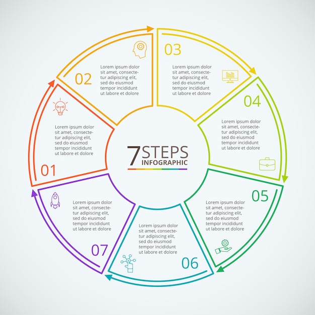 Thin line flat circle for infographic Template for diagram with 7 steps