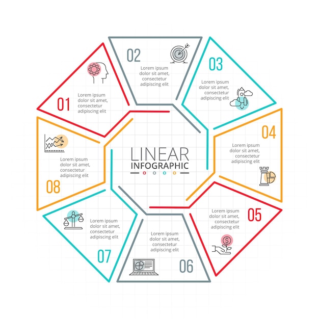 Thin line flat element for infographic Template for diagram 8 options parts steps or processes