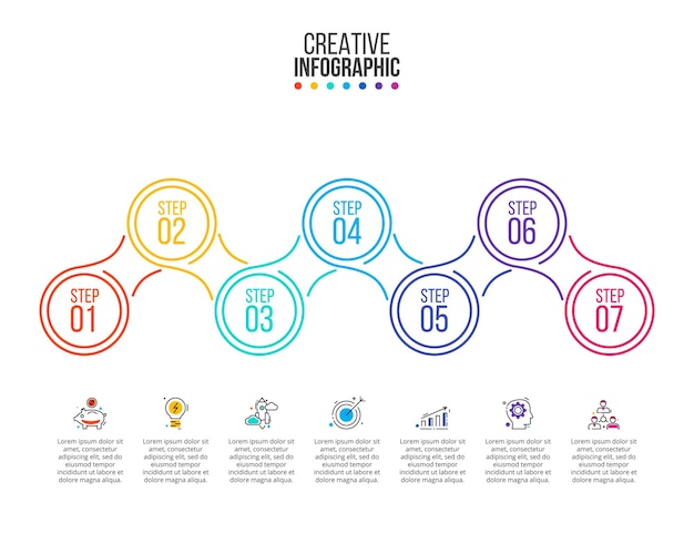 Thin line flat element for infographic with 7 options parts steps or processes