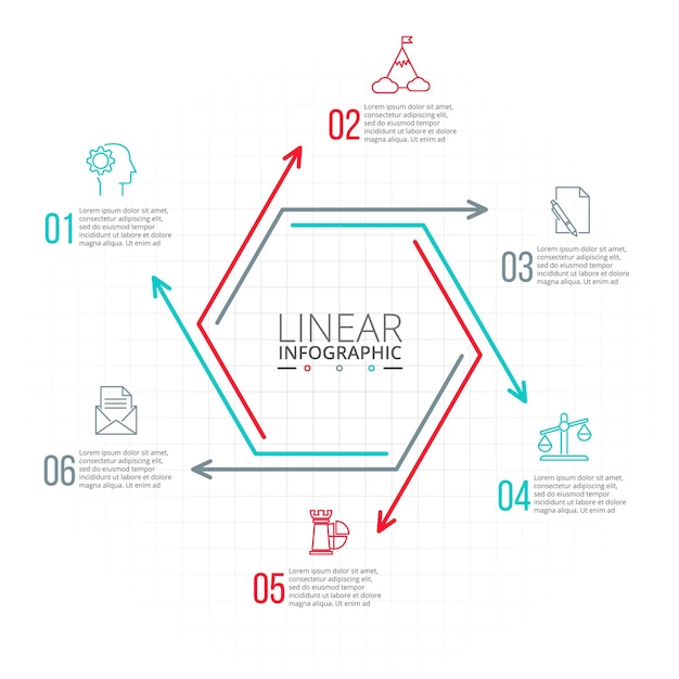 Thin line flat hexagon for infographic Template with 6 options parts steps or processes