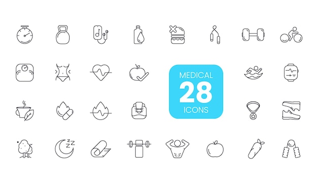 Thin line health icons set of hospital and medical care Outline symbol collection Sport and Fitnes