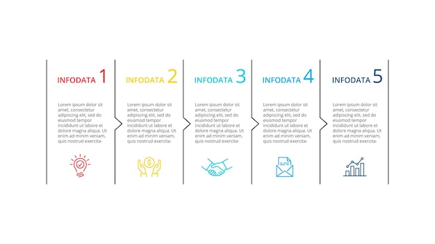 Thin lines with arrows infographic with 5 options or steps.