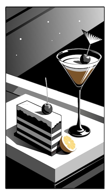 Vector thin rectangular piece of cake and cocktail vector illustration flat 2