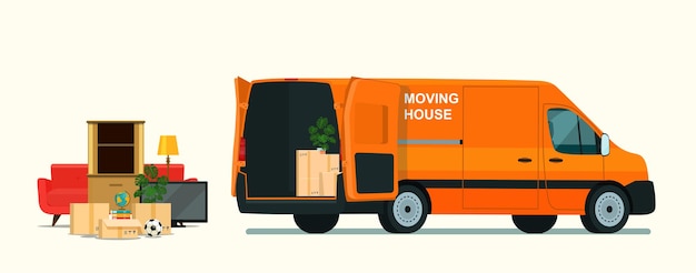 Things in box in the trunk of the cargo van. Moving House.  flat style illustration.