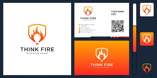 think fire logo with business card design vector premium