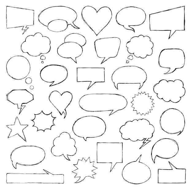 Think talk speech bubbles. Artistic collection of hand drawn doodle style comic balloon.