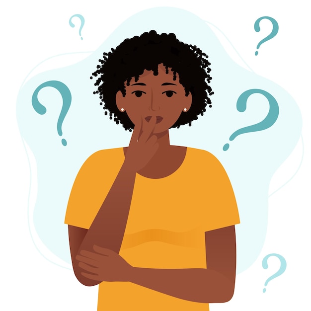 Thinking african woman with question marks. Flat cartoon style vector illustration