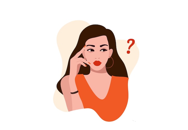 Thinking girl, A curious woman questioning, question mark, flat illustration.