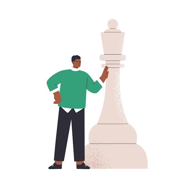 Thinking person and huge chess piece. Business strategy, career challenge and achievement concept. Happy smart man with power and authority. Flat vector illustration isolated on white background