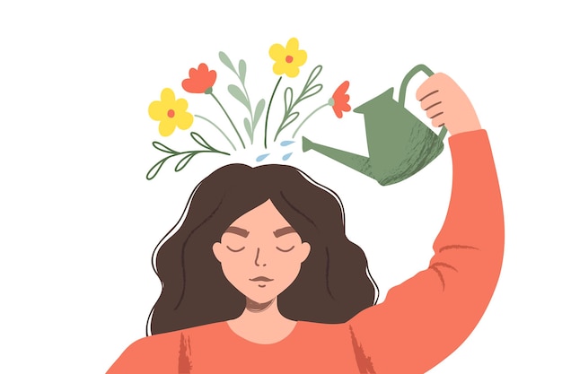 Thinking positve as a mindset. Woman watering plants that symbolize happy thoughts. Flat illustration