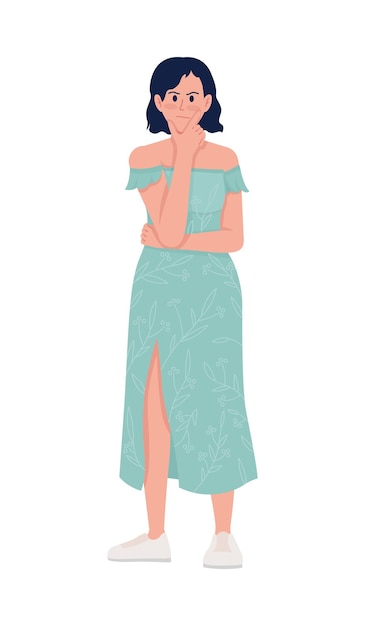 Thinking semi flat color vector character Standing figure Full body person on white Pensive and doubtful lady simple cartoon style illustration for web graphic design and animation