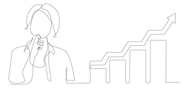 thinking woman continuous line drawing and business chart