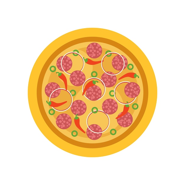 Thinly Italian pizza with traditional ingredients salami red pepper rings of onion and green olives Fast food concept Isolated flat vector illustration Graphic design for pizzeria or cafe menu