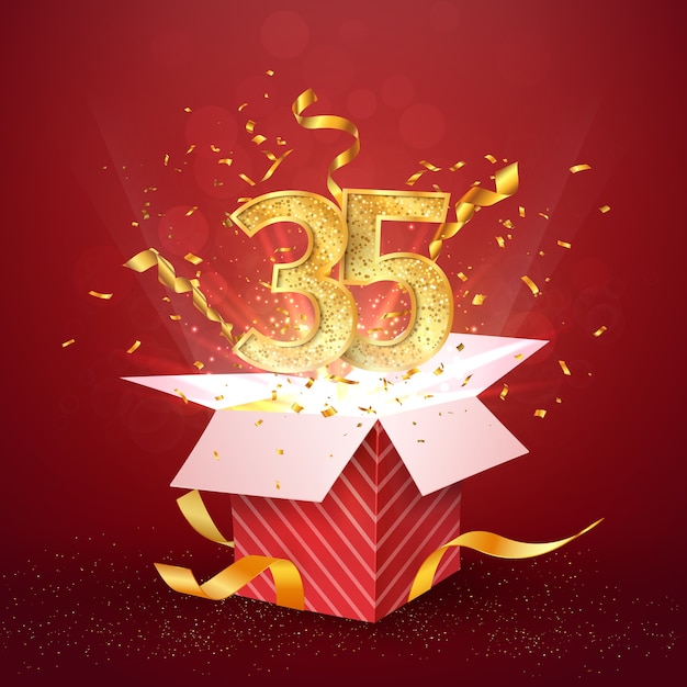 Thirty five years number anniversary and open gift box with explosions confetti isolated design element