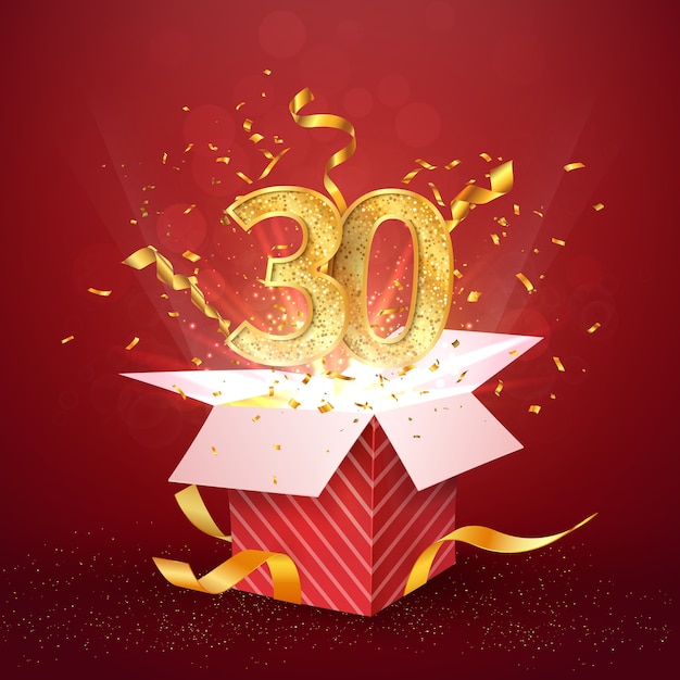 Thirty years number anniversary and open gift box with explosions confetti isolated design element