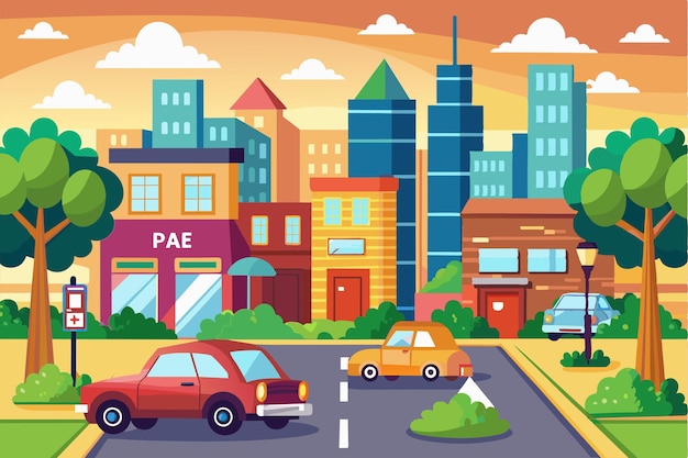 Vector this artwork depicts a vibrant street scene showcasing parked cars and customizable parking spaces among buildings street paid parking customizable cartoon illustration