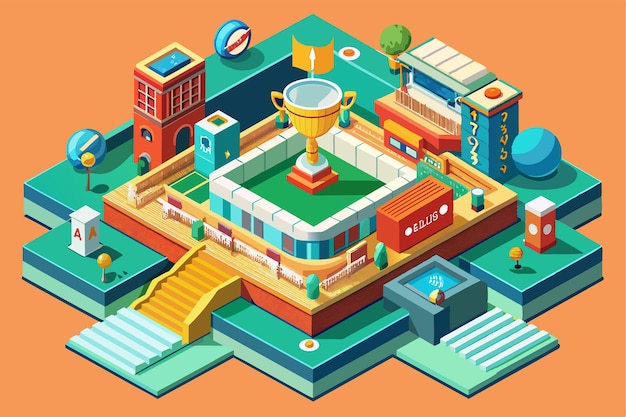 This artwork features an imaginative setup for a grand slam tournament complete with trophy and colorful buildings Grand slam Customizable Isometric Illustration