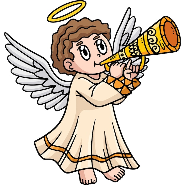 This cartoon clipart shows a Christian Angel Blowing a Trumpet illustration