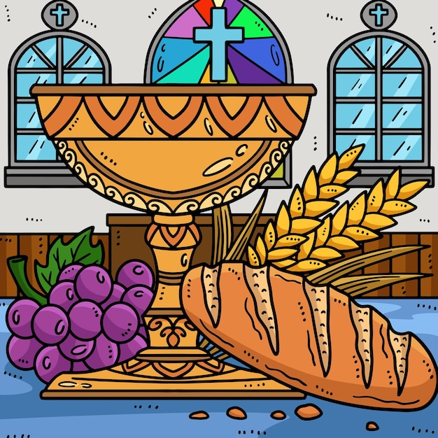 This cartoon clipart shows a Christian Chalice and Bread of Life illustration